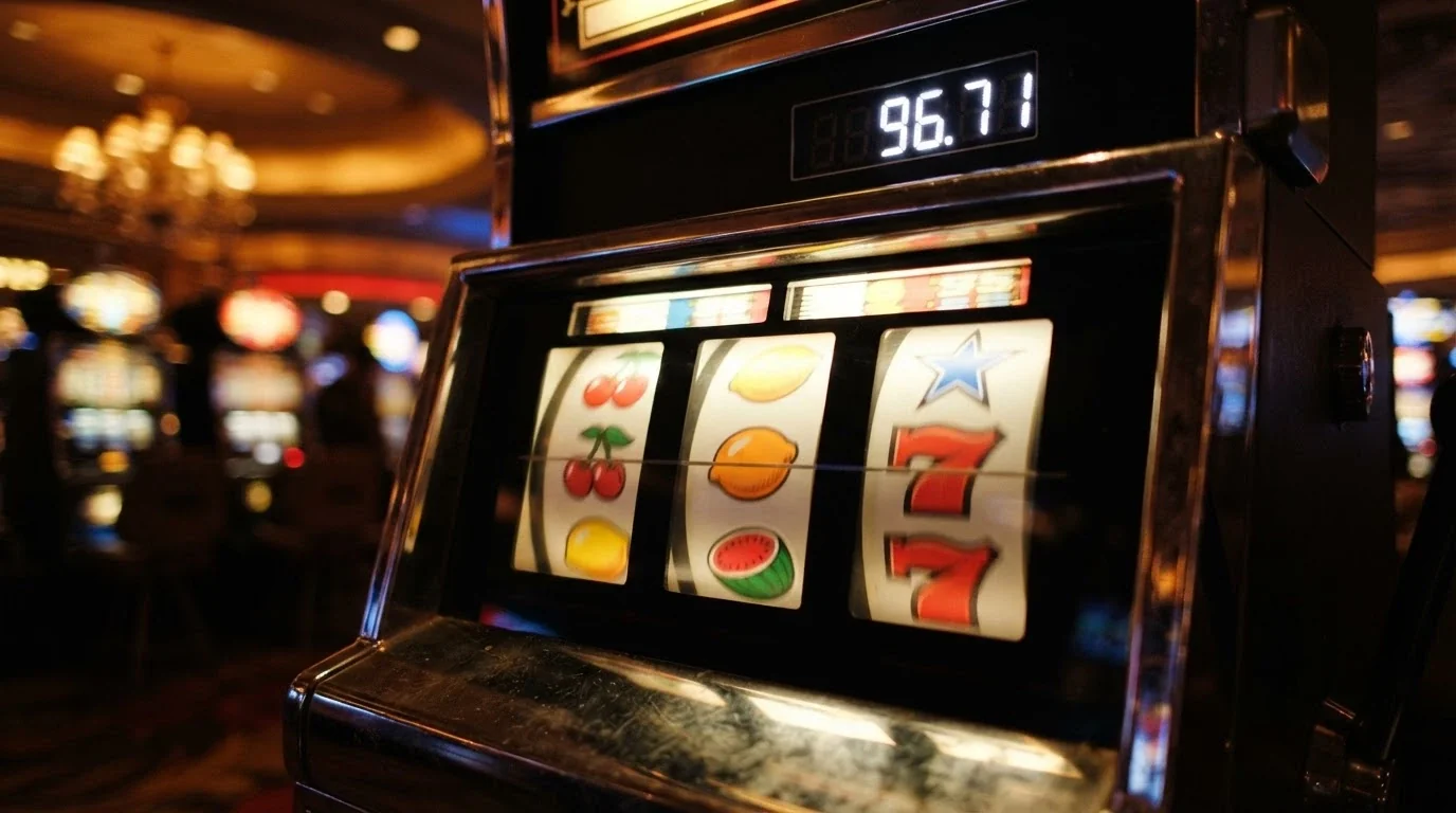Roztočené válce automatu s viditelným RTP procentem — 96,71 % u Big Bass Bonanza, pozadí kasinové herny